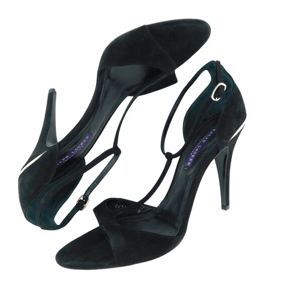 RALPH LAUREN Collection Purple Label Black Suede T Strap Ankle Sandal Heels 9 - Picture 5 of 9